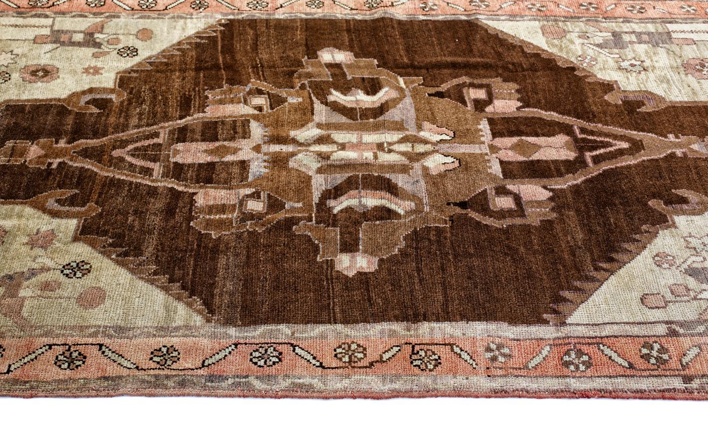 Hand-Knotted Brown, Pink and Beige Handmade Wool Turkish Old Anatolian Konya Distressed Rug For Sale