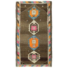 Brown, Pink and Green Handmade Wool Turkish Old Anatolian Konya Rug