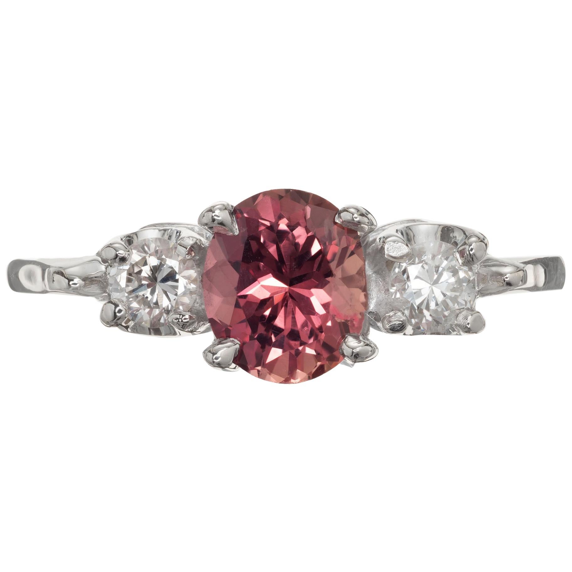 GIA .68 Carat Brown Pink Sapphire Diamond Three-Stone Gold Engagement Ring For Sale