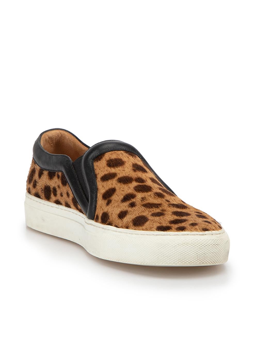 CONDITION is Good. Minor wear to trainers is evident. Light wear to rubber soles with light scuff marks on both on this used Givenchy designer resale item.
 
 Details
  Brown
 Pony hair calfskin
 Slip on trainers
 Animal print pattern
 Round toe
