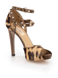Brown Pony Hair Leopard Print Rockstud Heels Größe IT 37