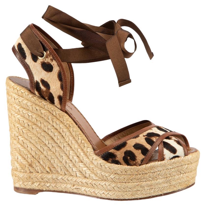 Brown Pony Hair Leopard Print Sandal Wedges Size IT 38 For Sale