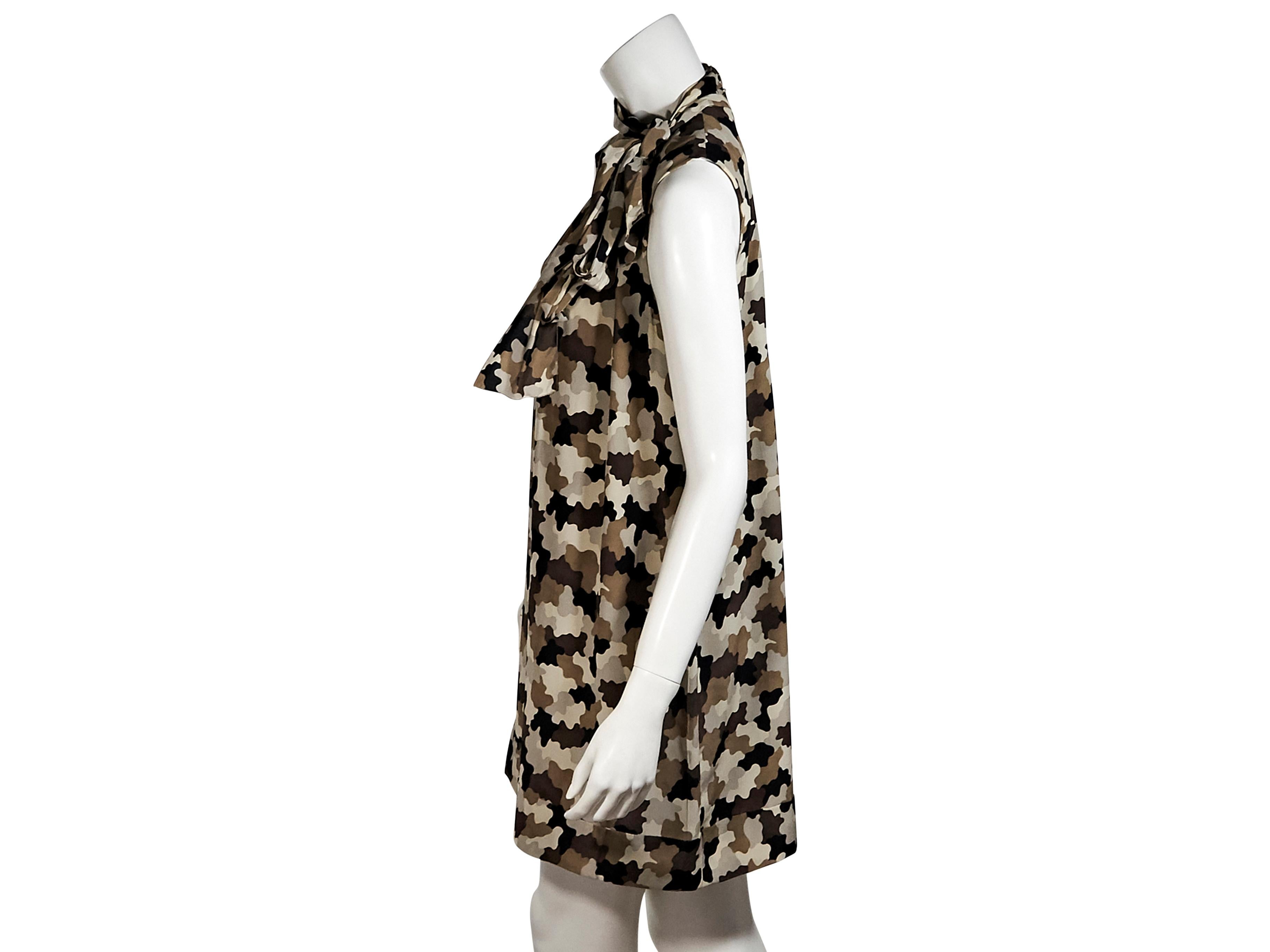 Product details:  Brown camo-printed silk shift dress by Prada.  Sleeveless.  Neck tie.  Sleeveless.  36