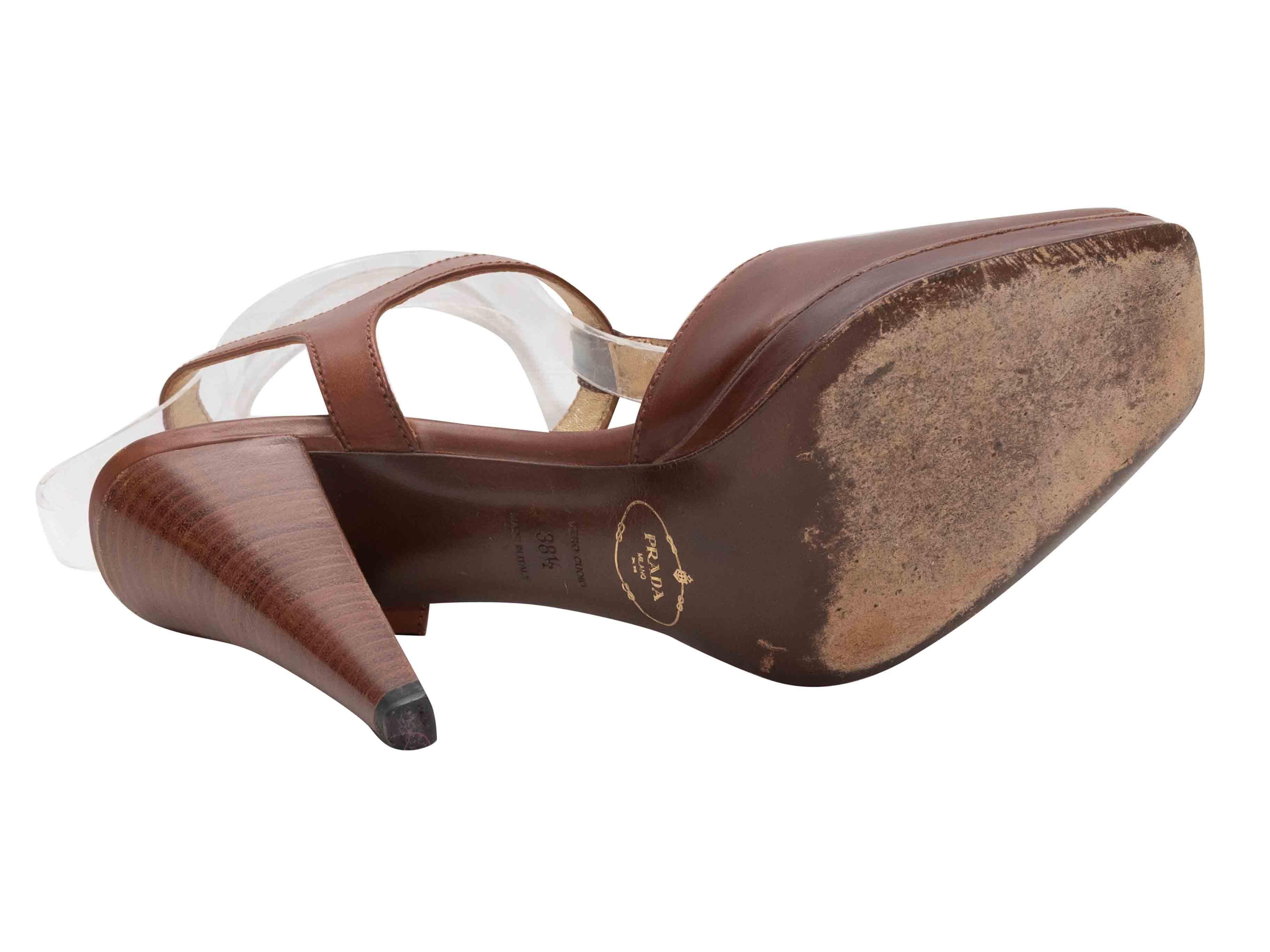 Braun Prada Quadratische Peep-Toe T-Strap Heels Größe 38.5 im Angebot 1