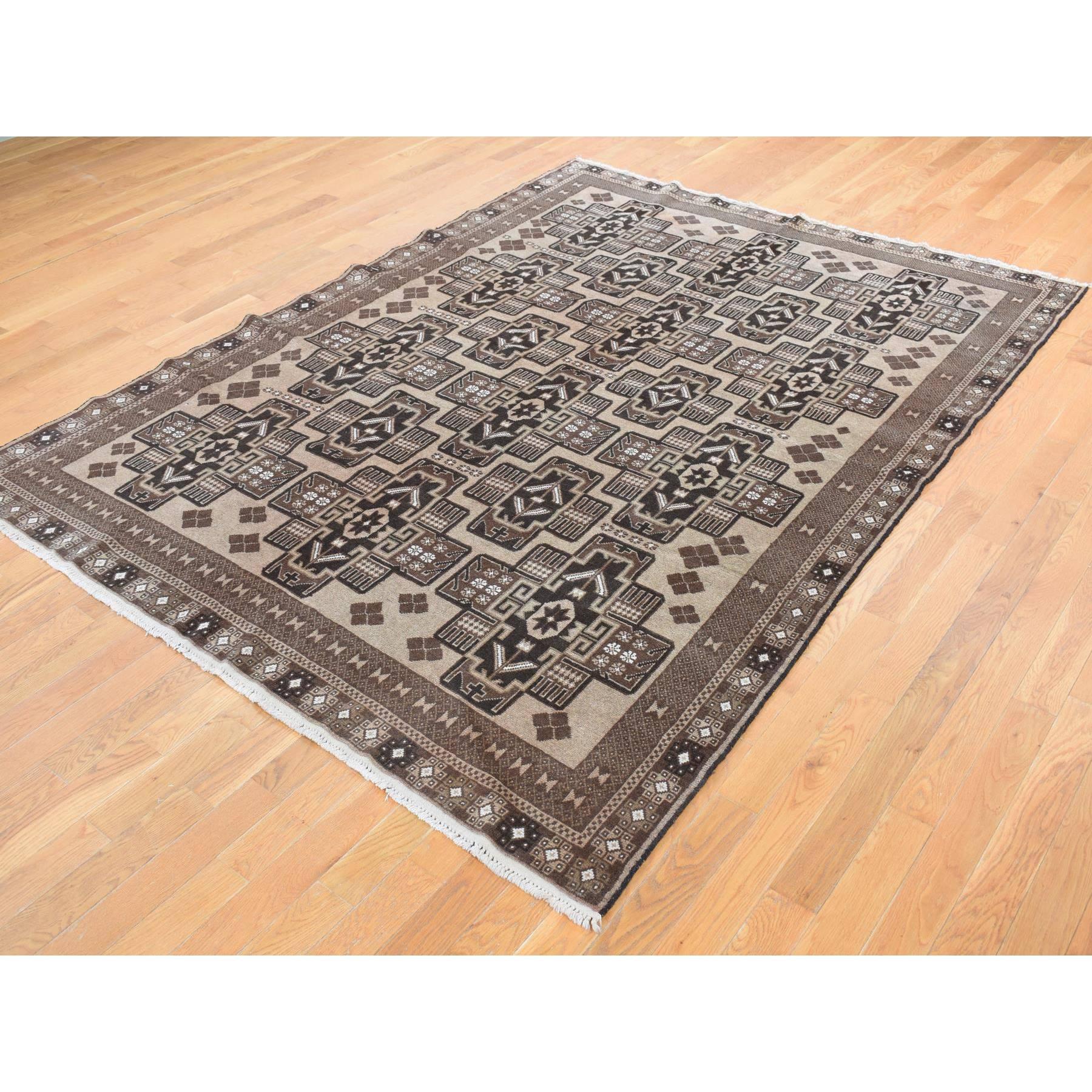Medieval Brown Pure Wool Vintage Afghan Baluch Bold Geometric Design Hand Knotted Rug For Sale