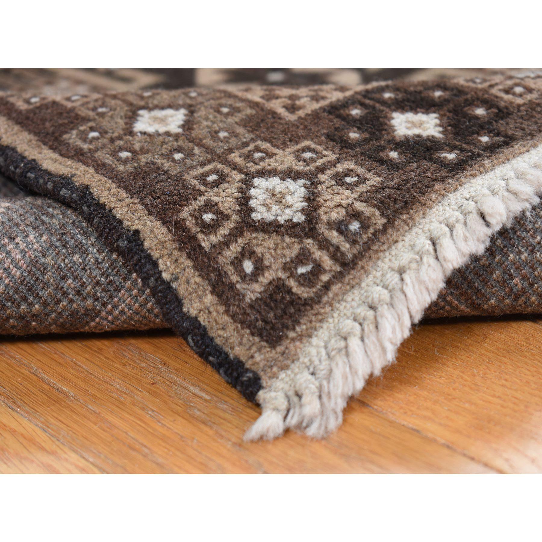 Brown Pure Wool Vintage Afghan Baluch Bold Geometric Design Hand Knotted Rug In Good Condition For Sale In Carlstadt, NJ