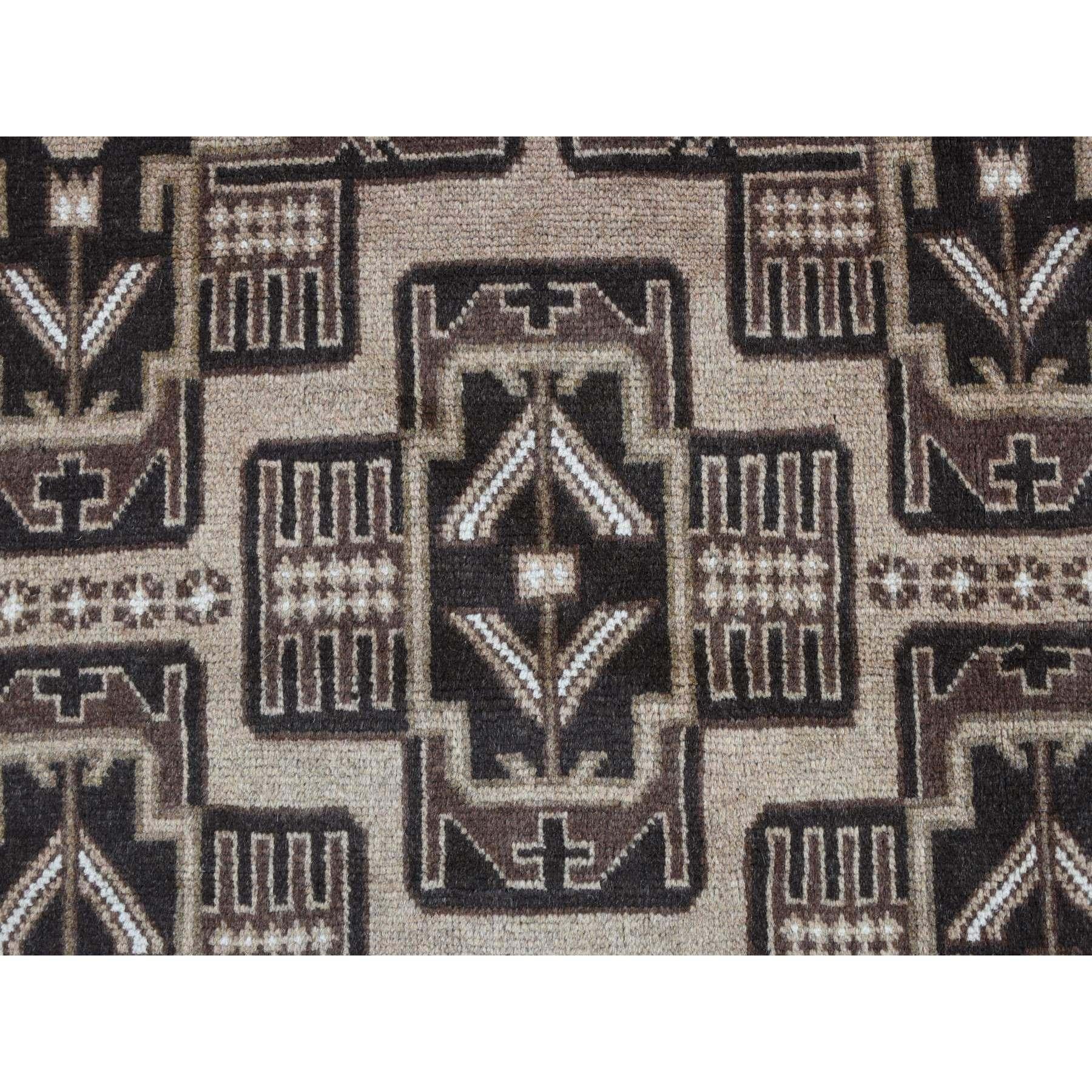 Brown Pure Wool Vintage Afghan Baluch Bold Geometric Design Hand Knotted Rug For Sale 2