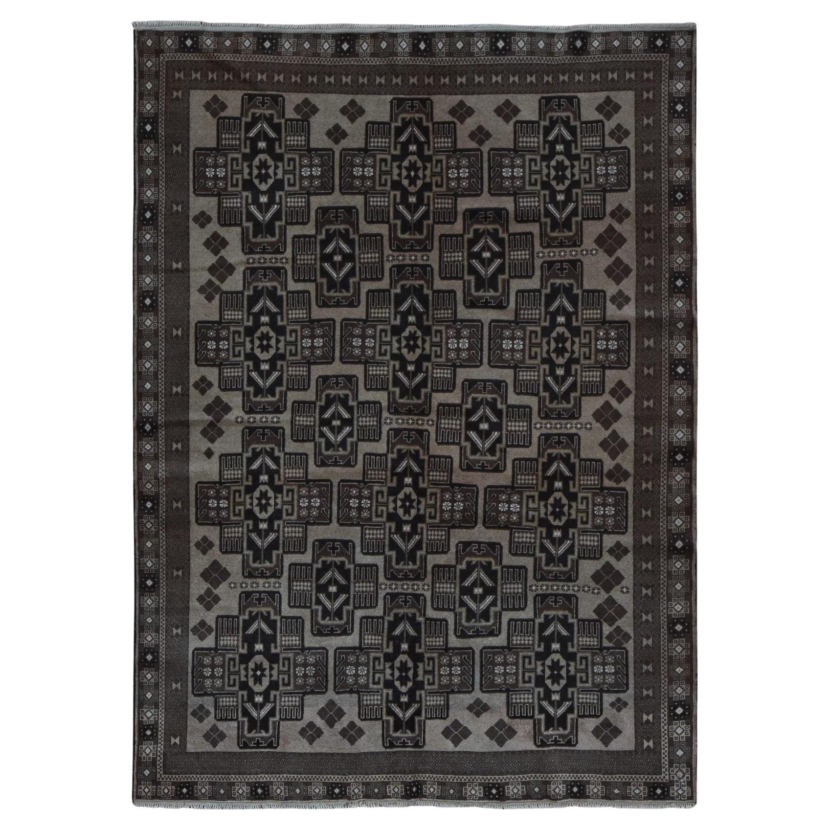 Brown Pure Wool Vintage Afghan Baluch Bold Geometric Design Hand Knotted Rug For Sale