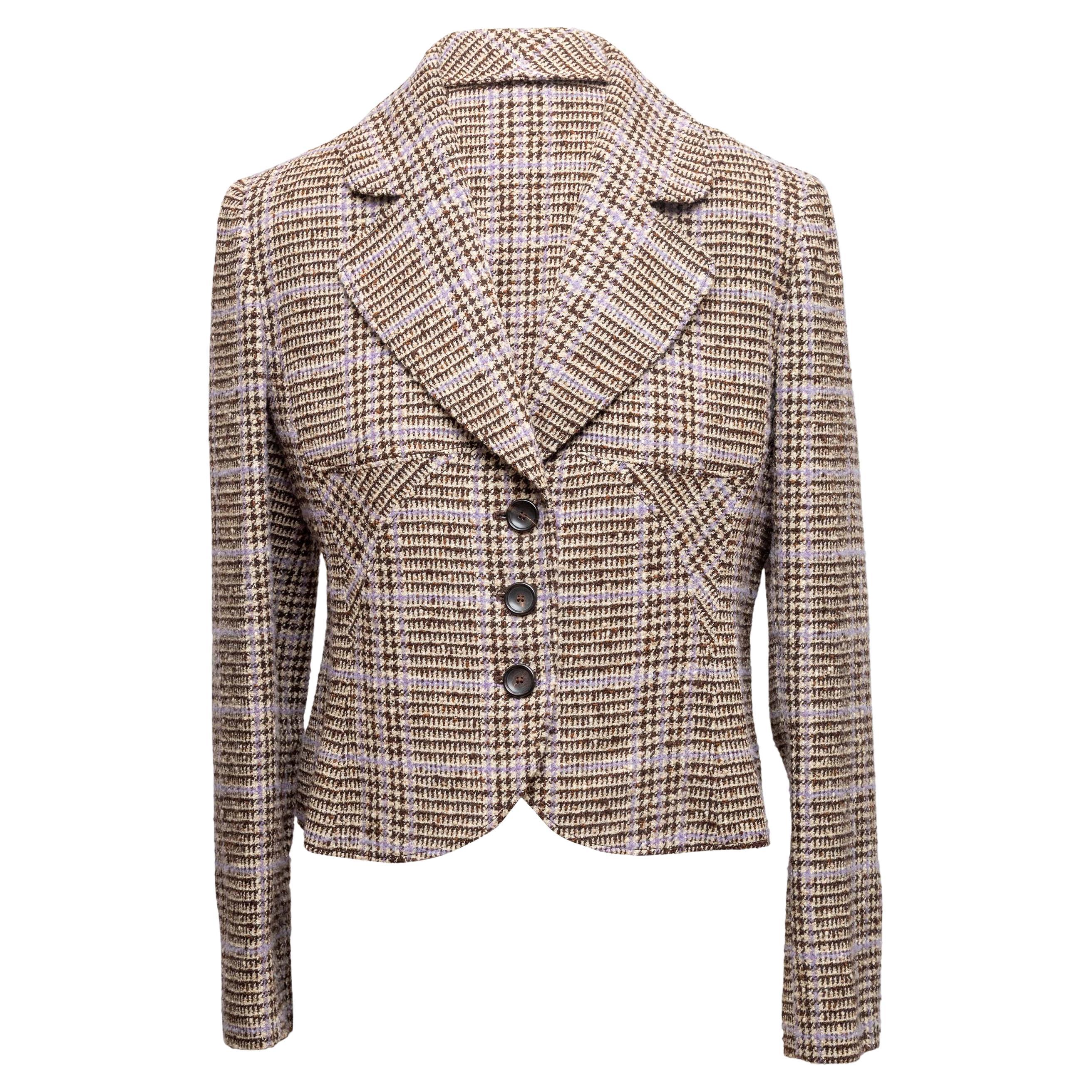 Brown & Purple Valentino Wool Glen Plaid Blazer Size US 12