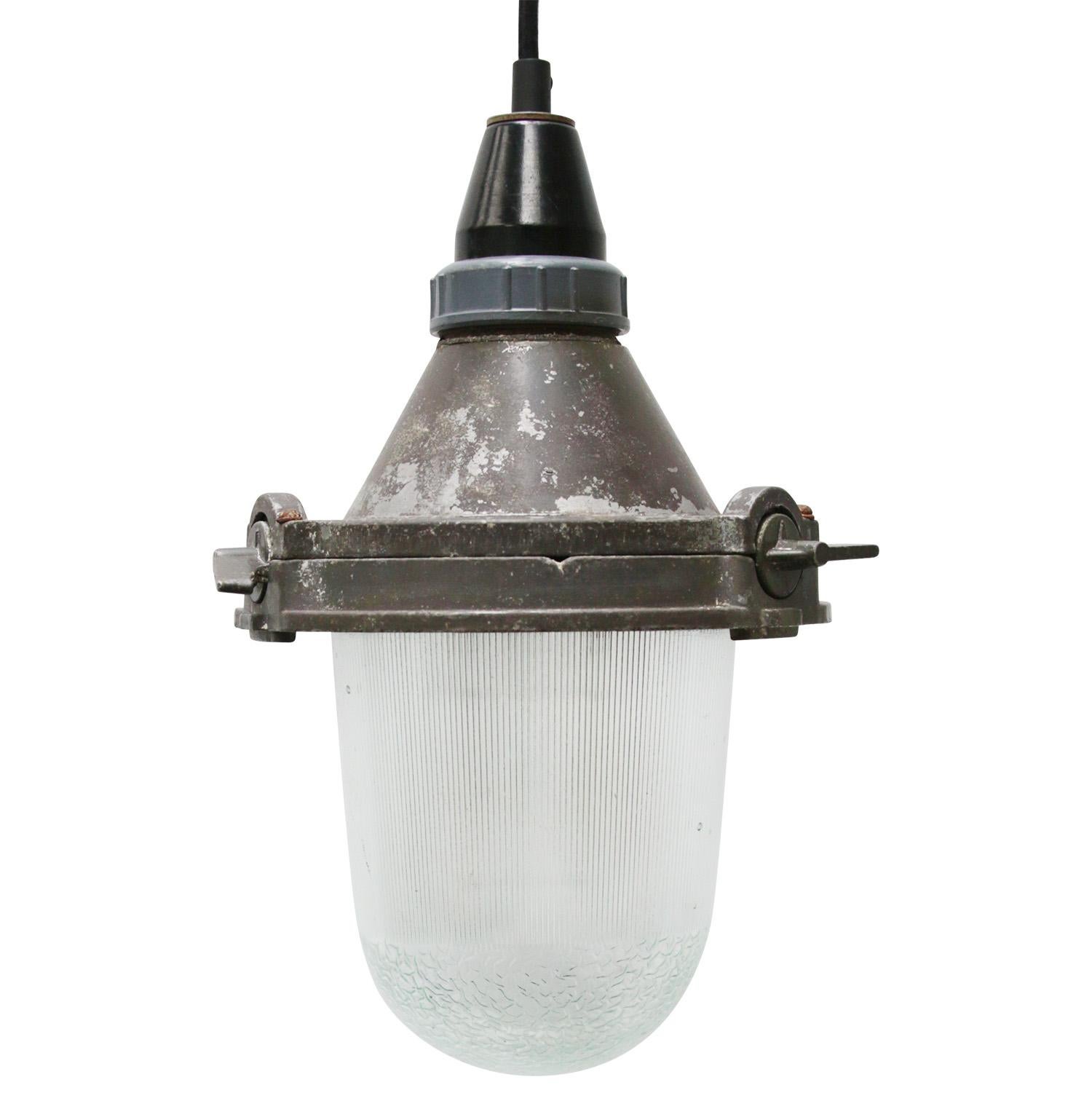 20th Century Brown Purple Vintage Industrial Striped Clear Glass Pendant Lights For Sale