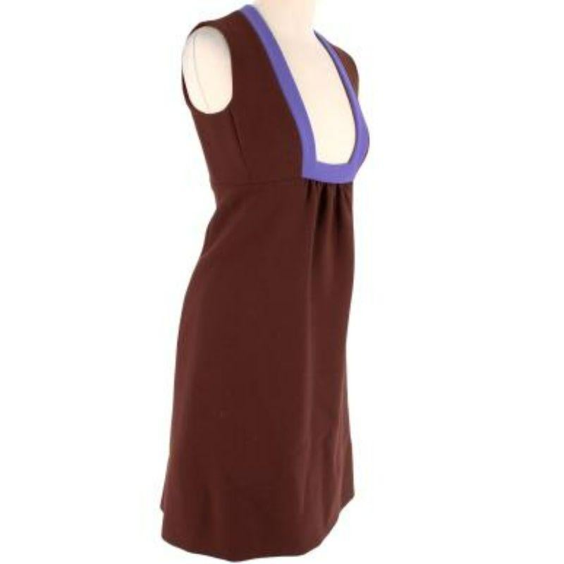 Prada brown & purple wool crepe square-neck shift dress
 
 
 
 -Purple panel on the neckline 
 
 -Plunging square neckline 
 
 -Gathered at the waist 
 
 -Fully lined 
 
 -Crepe body 
 
 -Zip fastening along the side
 
 -Mid-weight construction 
 
