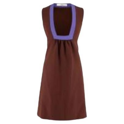 brown & purple wool crepe square-neck shift dress For Sale