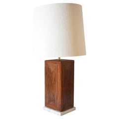 Brown rattan and travertine table lamp, 1970s