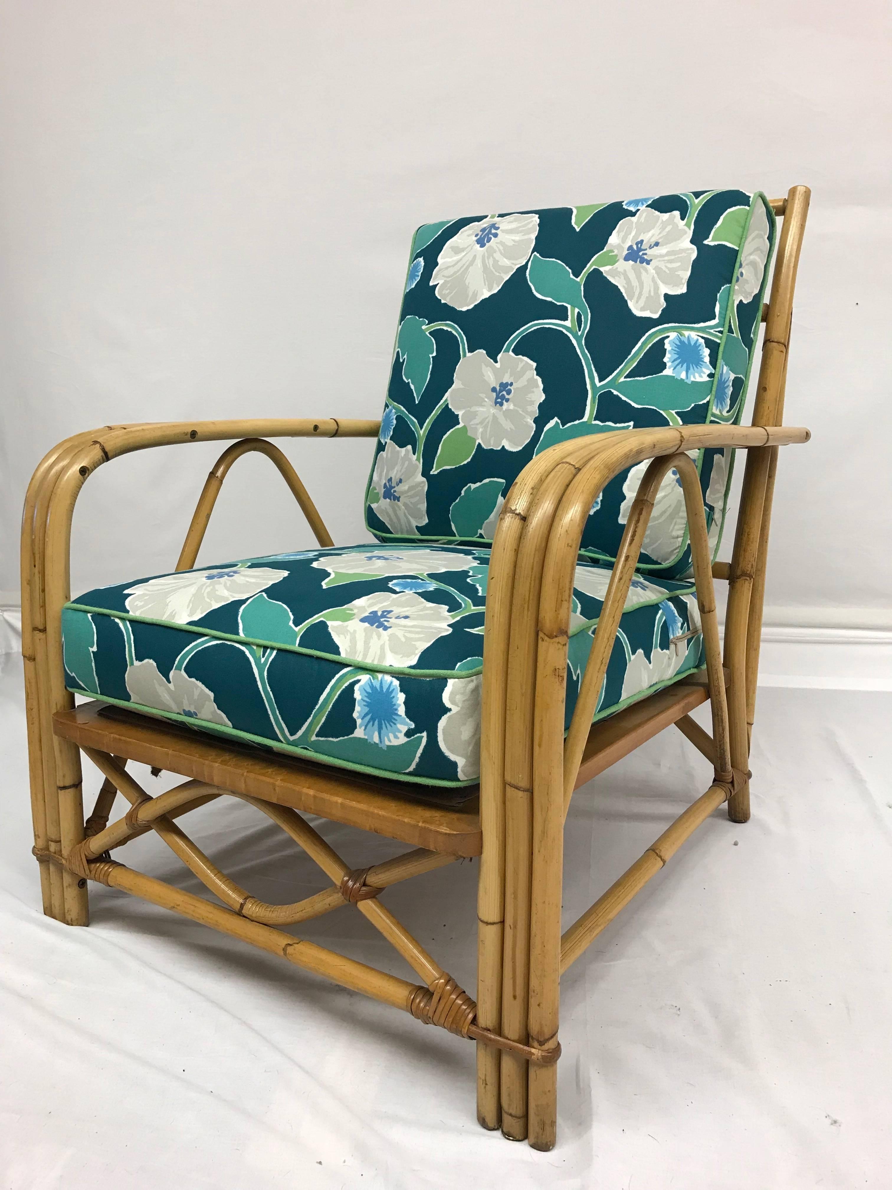 20th Century Brown Rattan Ficks Reed Armchair and Ottoman, Set of Two For Sale