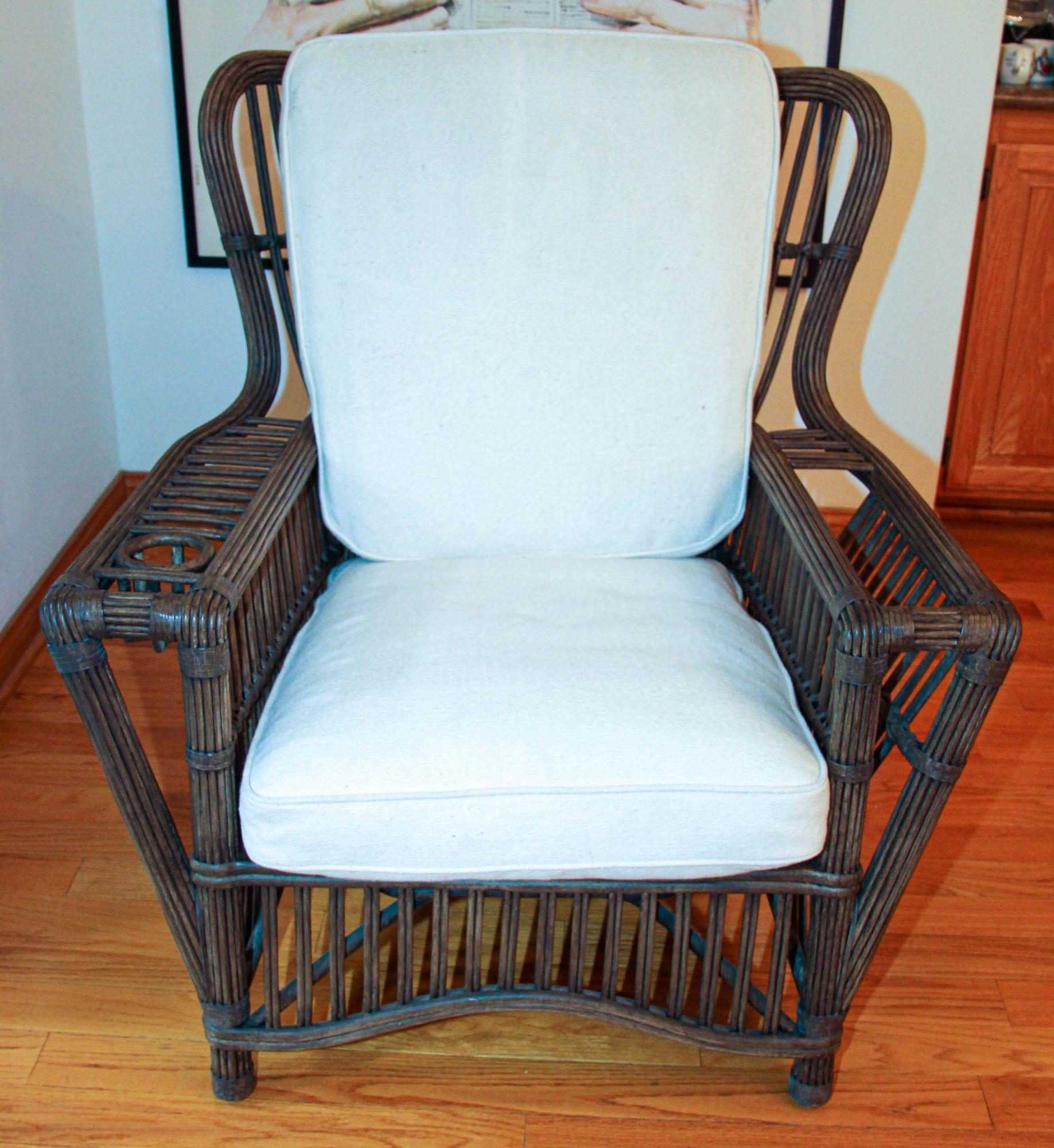 Art Deco Brown Rattan Wing Wicker President Lounge Armchair Bielecky Brothers Style