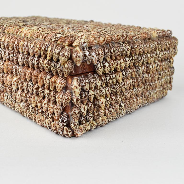 Folk Art Vintage Coastal Brown Rectangular Sea Shell Covered Box with Lid, Arthur Court For Sale