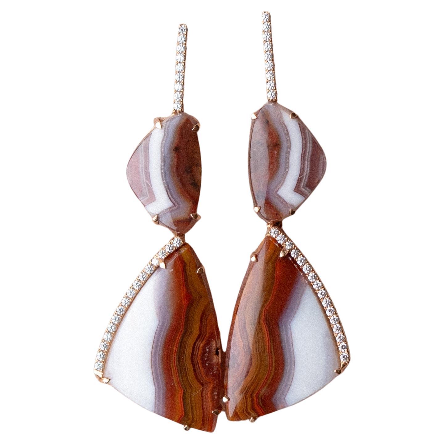 Brown-Red Agate Earrings, 18k Rose Gold, 0.27ct GVS Diamonds