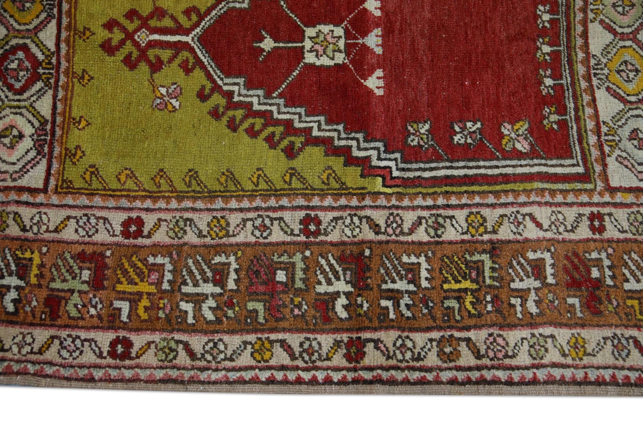 Brown & Red Handwoven Wool Vintage Turkish Oushak Rug 3'6