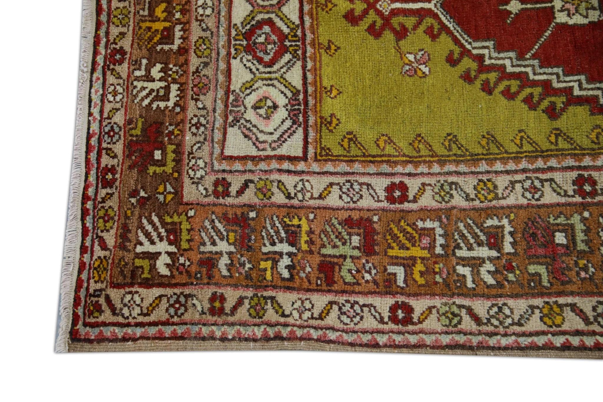 Contemporary Brown & Red Handwoven Wool Vintage Turkish Oushak Rug 3'6