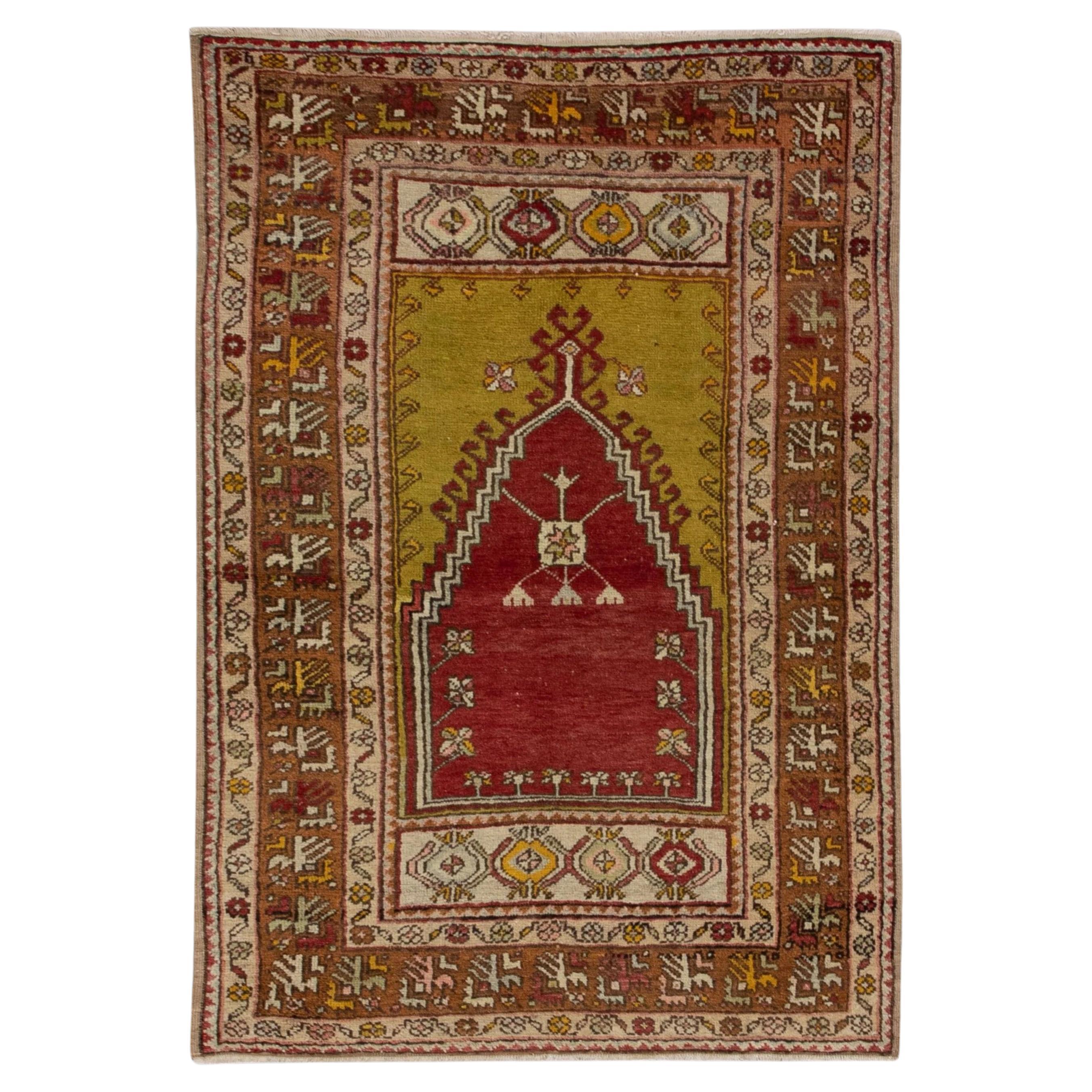 Brown & Red Handwoven Wool Vintage Turkish Oushak Rug 3'6" x 5'2" For Sale