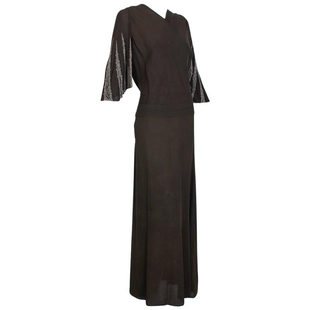 Brown Regency Silk Crêpe Kimono Gown with Crystal Batwing Sleeves - Med, 1930s For Sale
