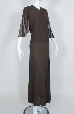 Brown Regency Silk Crêpe Kimono Obi Gown w Crystal Batwing Sleeves - M, 1930s