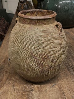 Brown Rib Textured With Handles Stoneware Vase, China, 1940s