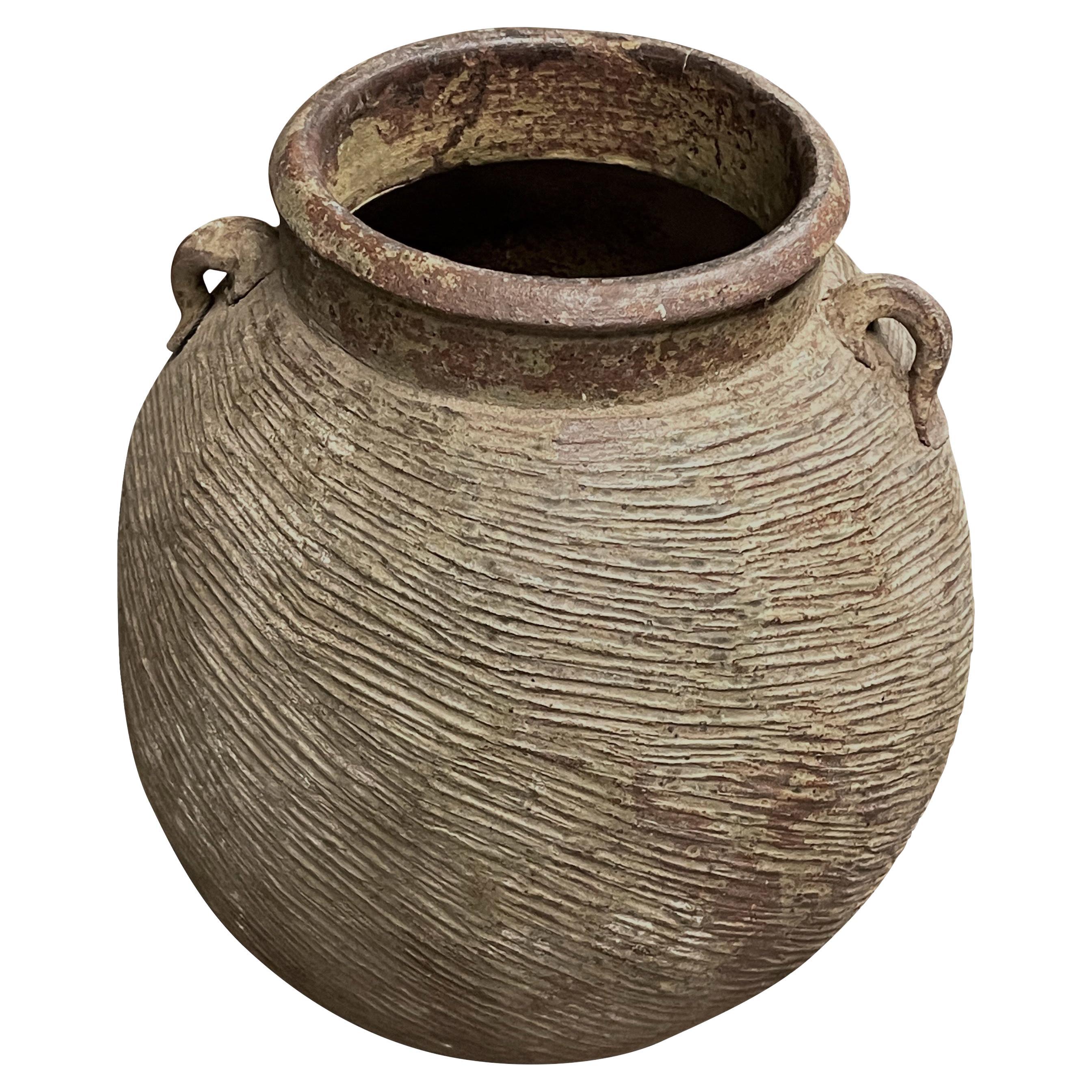 Brown Rib Textured With Handles Stoneware Vase, China, 1940s For Sale