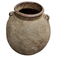 Vintage Brown Rib Textured With Handles Stoneware Vase, China, 1940s