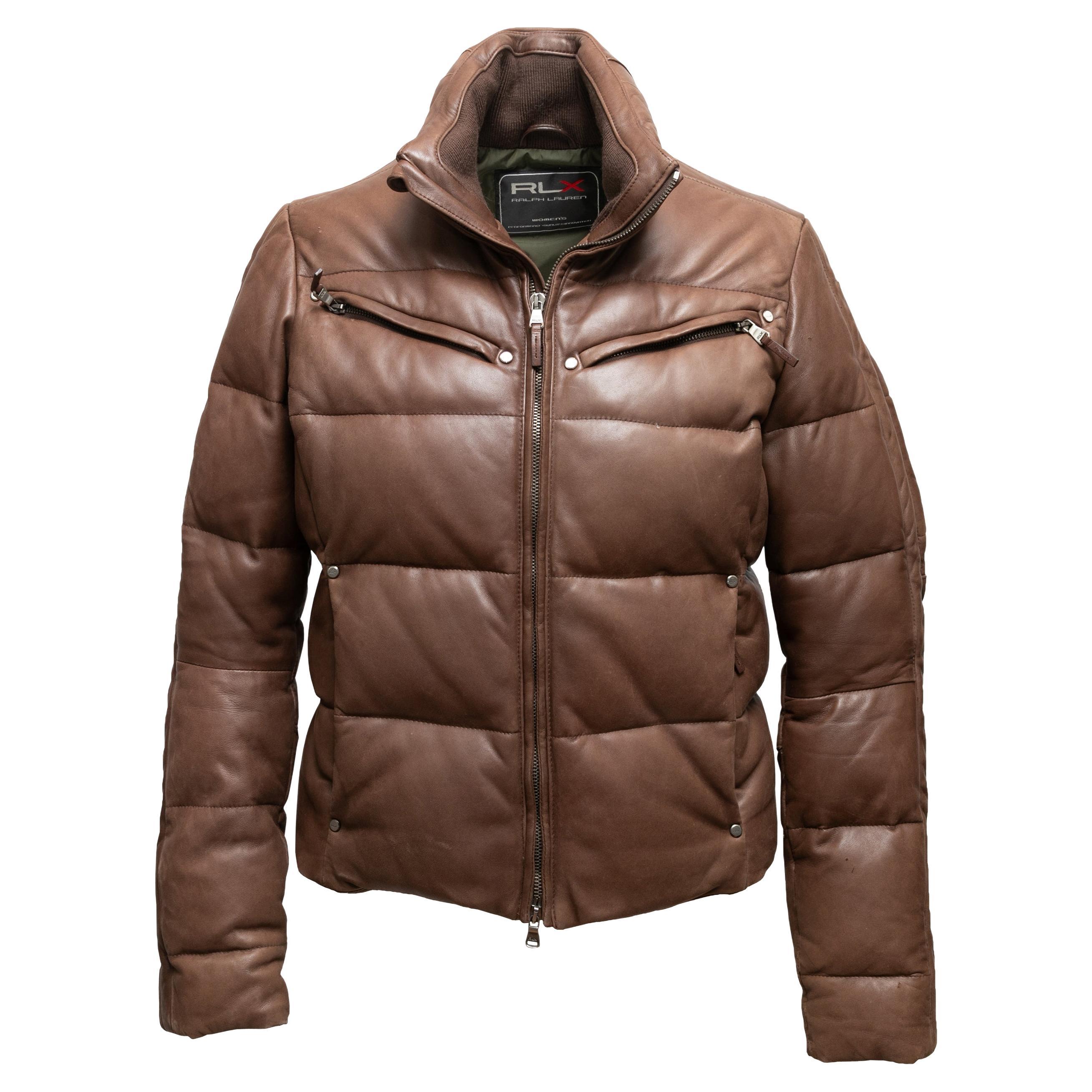 Brown RLX Ralph Lauren Leather Puffer Jacket Size US M For Sale