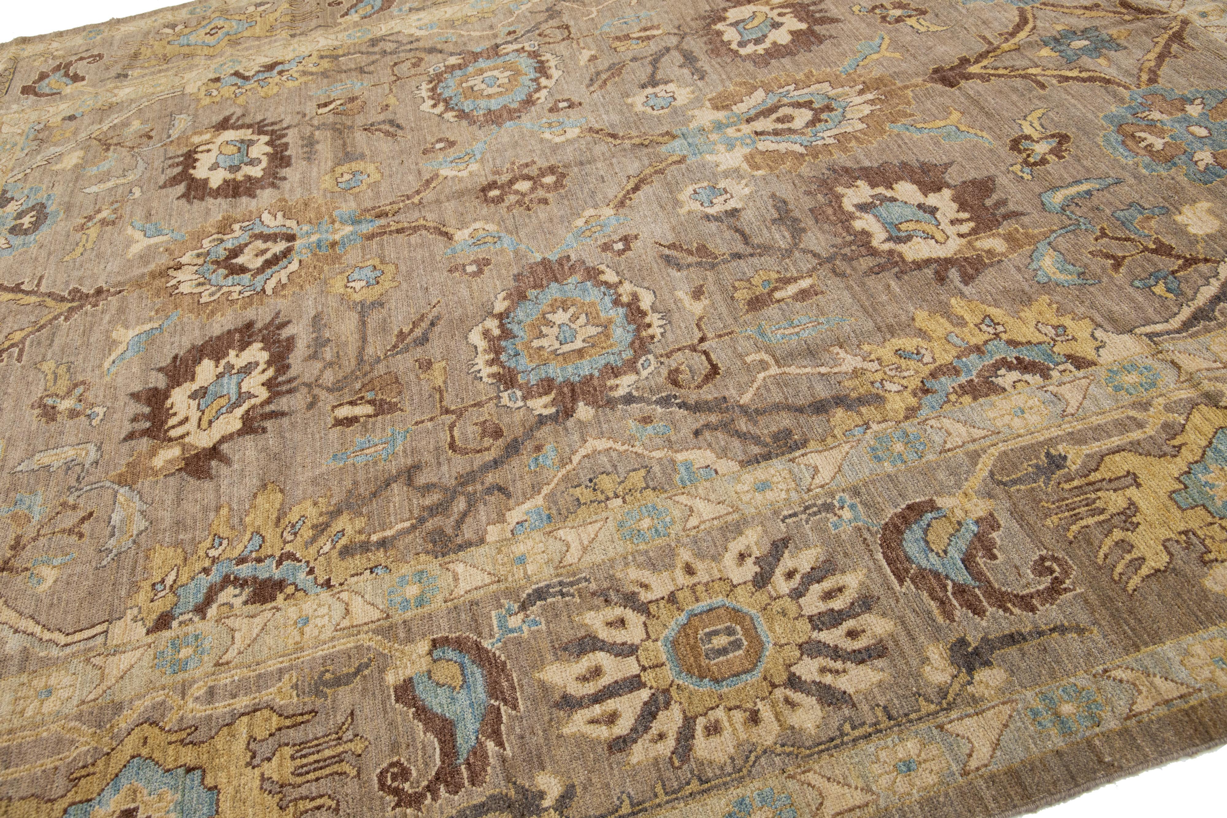 Hand-Knotted Brown Room Size Modern Sultanabad Wool Rug Allover Pattern For Sale