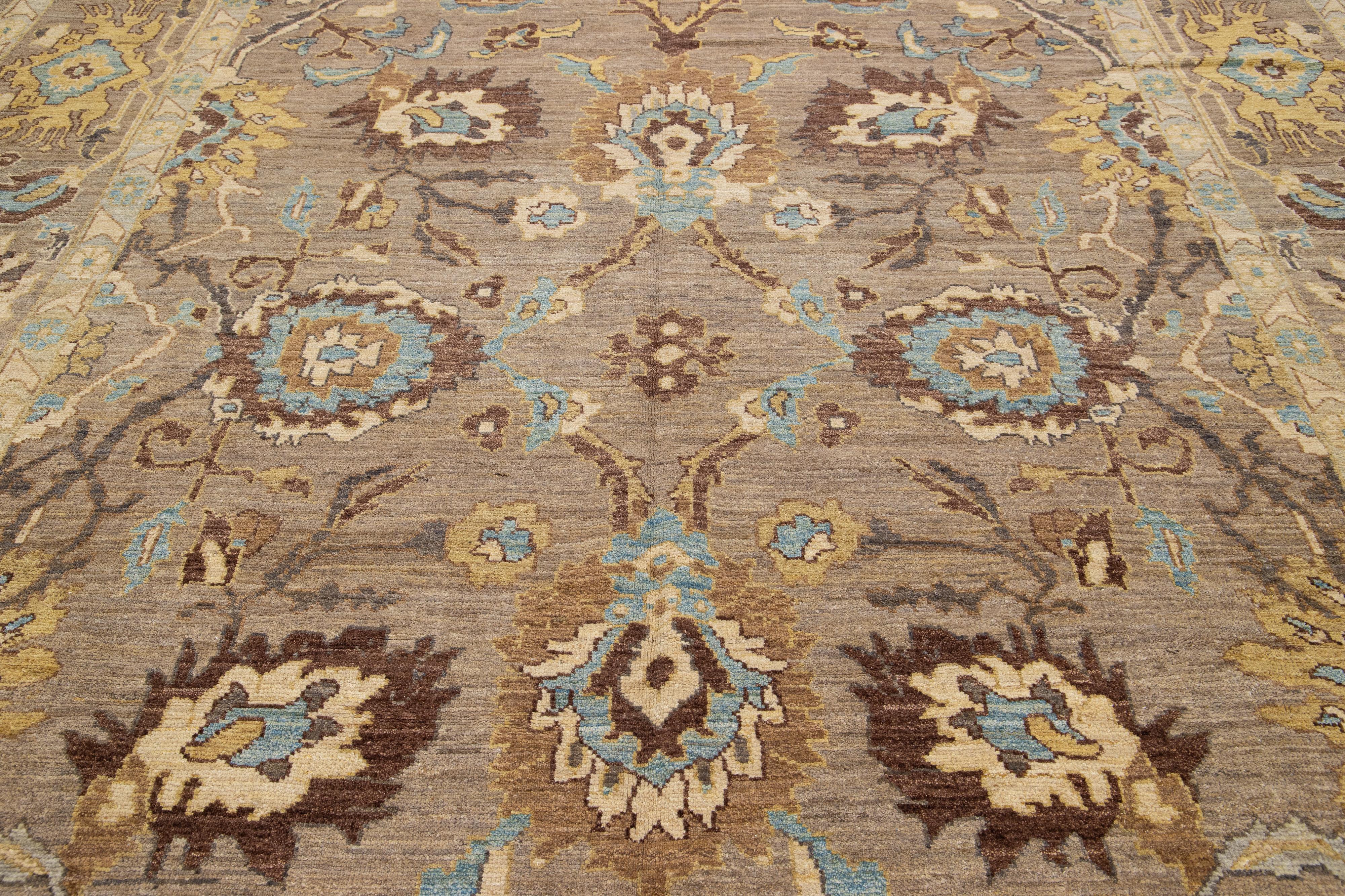 Brown Room Size Modern Sultanabad Wool Rug Allover Pattern For Sale 2