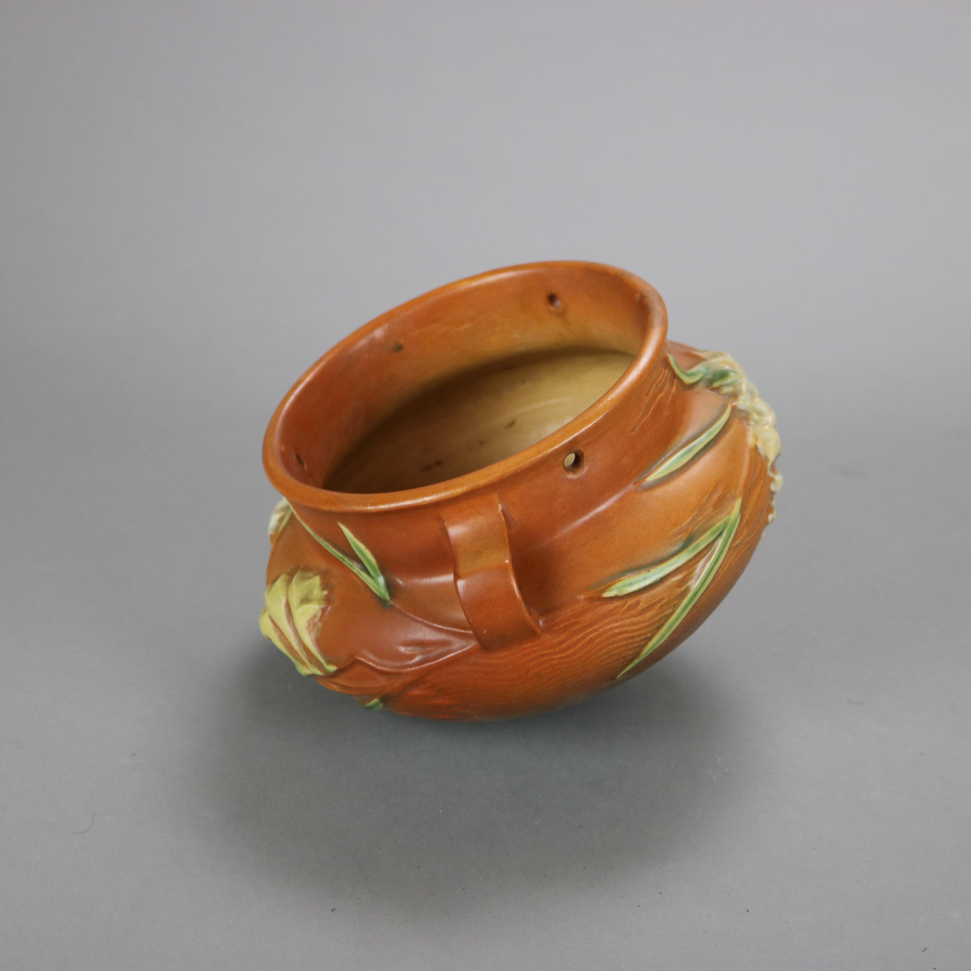 Brown Roseville Art Pottery Hanging Planter with Freesia Pattern Mid 20thC

Measures - 5 1/2
