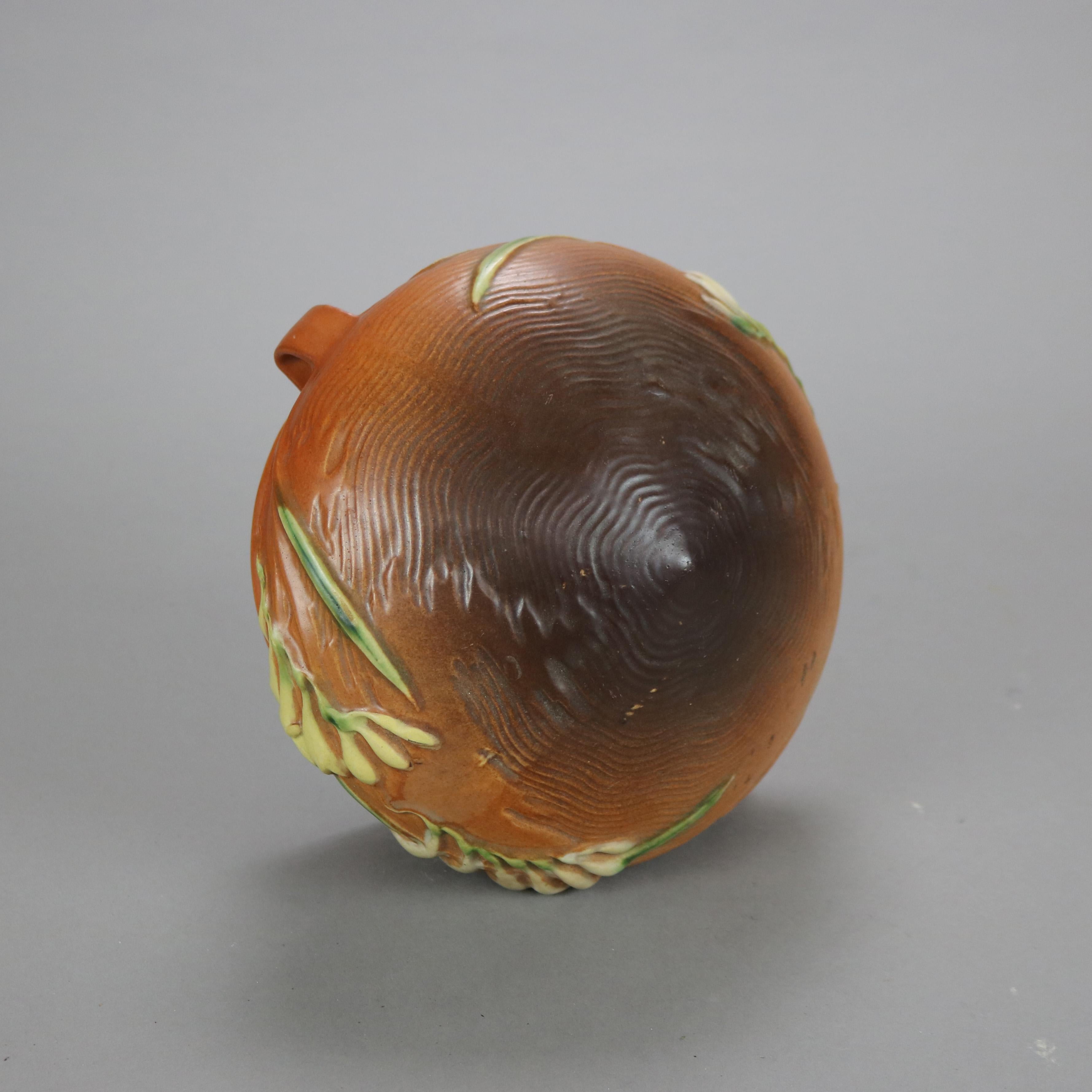 Arts and Crafts Brown Roseville Art Pottery Hanging Planter with Freesia Pattern Mid 20thC
