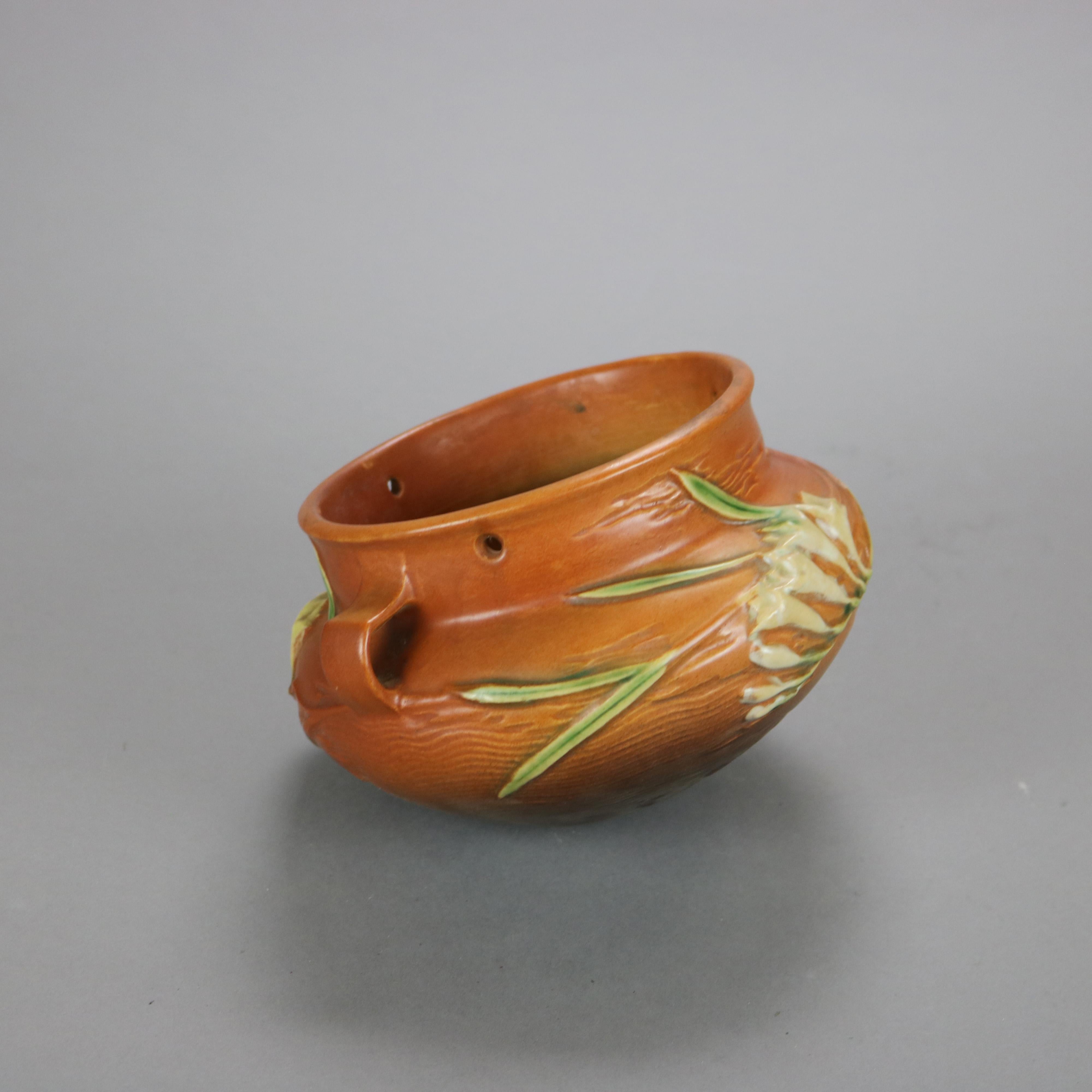 Brown Roseville Art Pottery Hanging Planter with Freesia Pattern Mid 20thC In Good Condition In Big Flats, NY