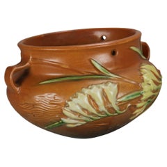 Vintage Brown Roseville Art Pottery Hanging Planter with Freesia Pattern Mid 20thC