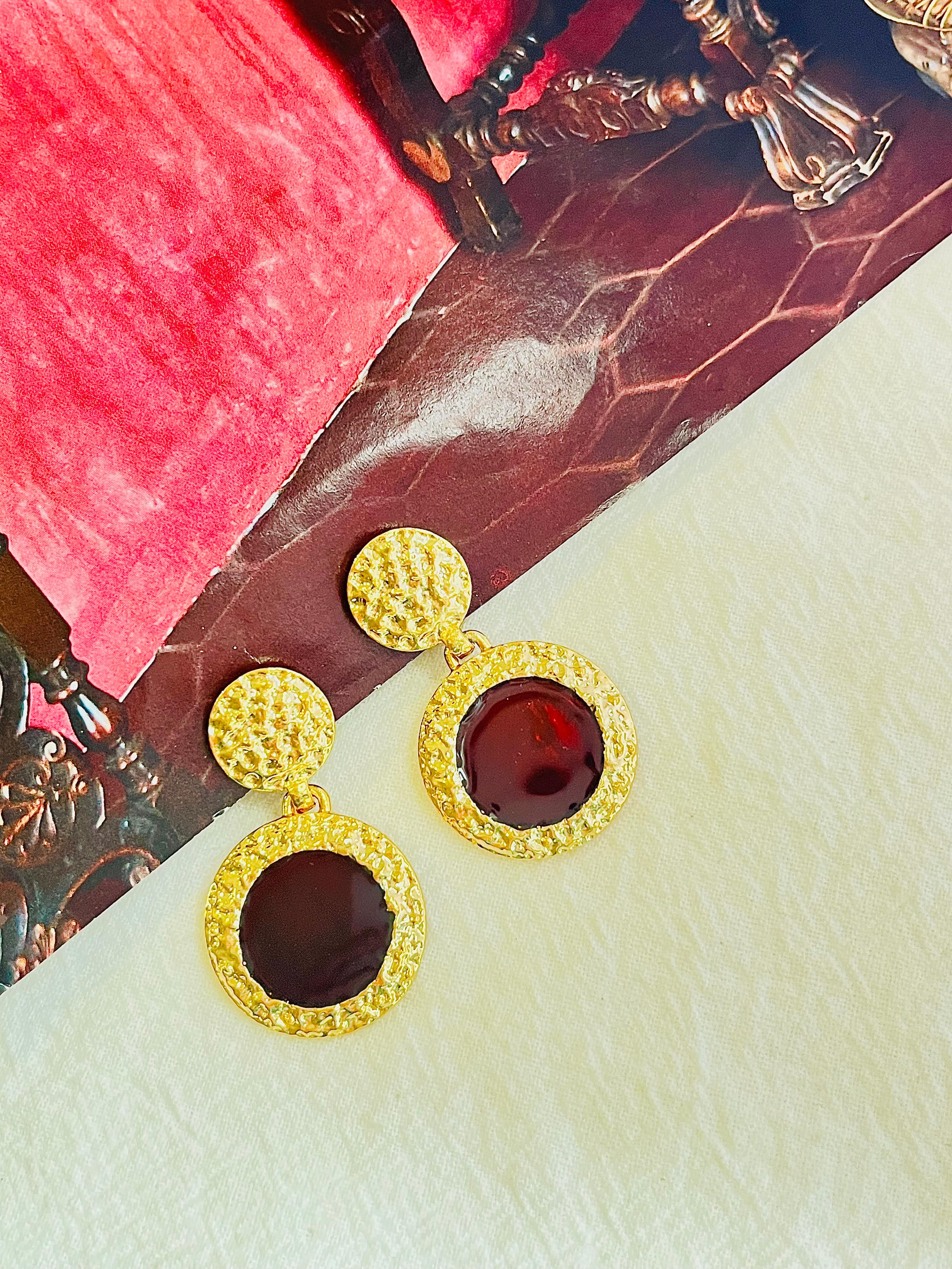 Brown Round Circular Anhänger Textured Modernist Retro Gold Drop Clip Ohrringe im Zustand „Neu“ im Angebot in Wokingham, England