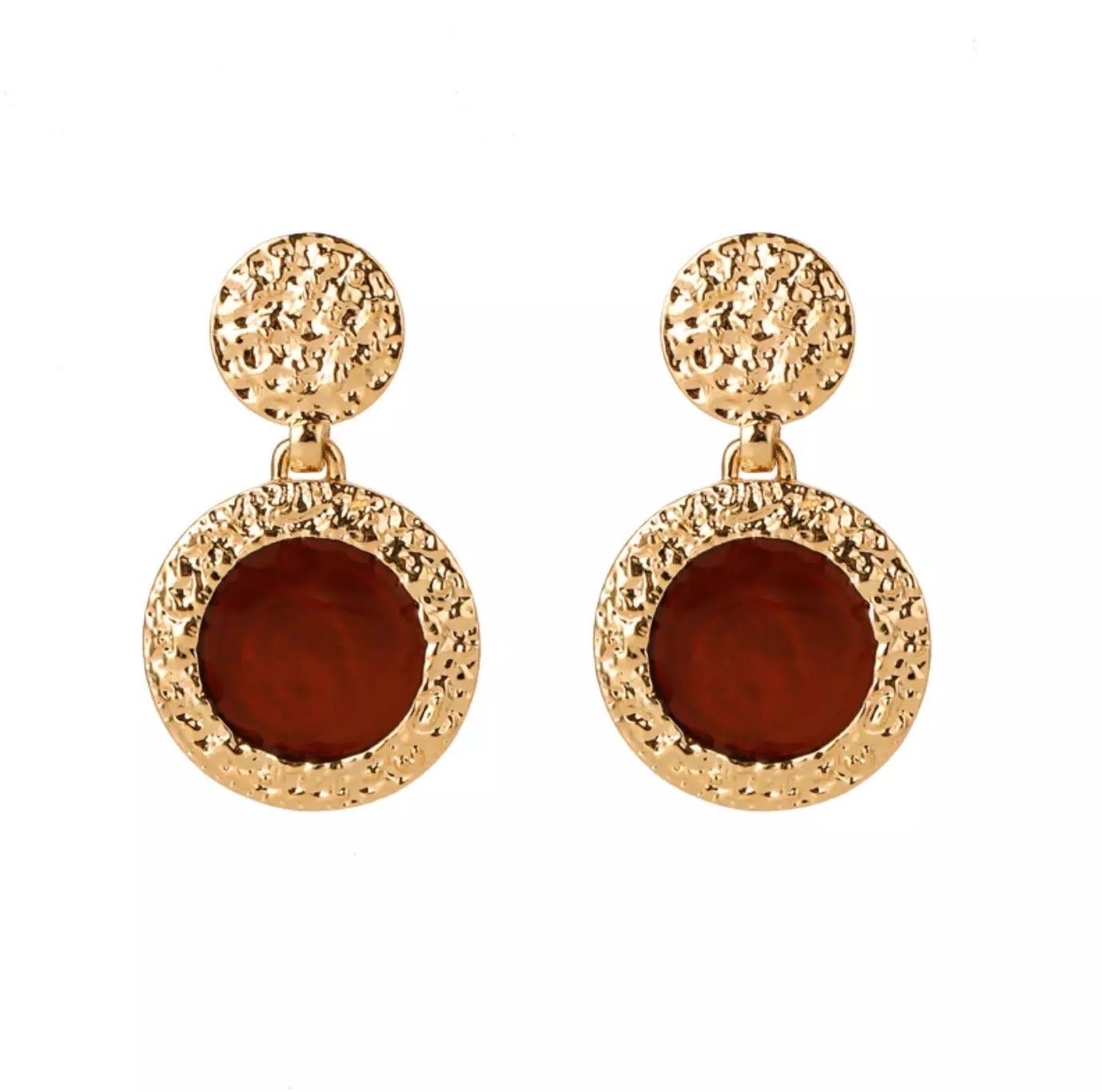Brown Round Circular Anhänger Textured Modernist Retro Gold Drop Clip Ohrringe im Angebot 2