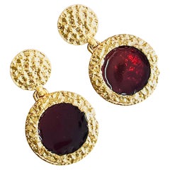 Brown Round Circular Pendant Textured Modernist Retro Gold Drop Clip Earrings