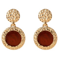 Brown Round Circular Pendant Textured Modernist Retro Gold Drop Clip Earrings