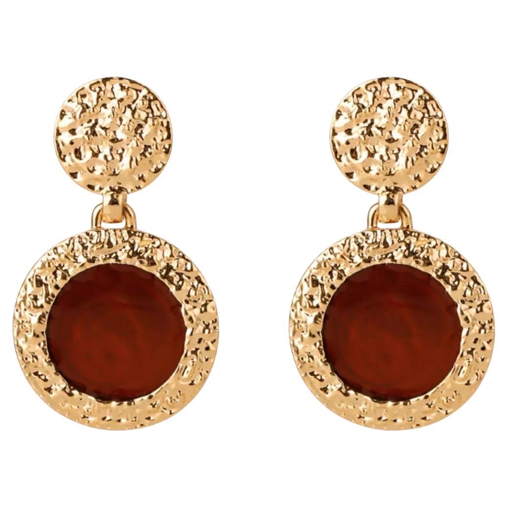 Brown Round Circular Anhänger Textured Modernist Retro Gold Drop Clip Ohrringe
