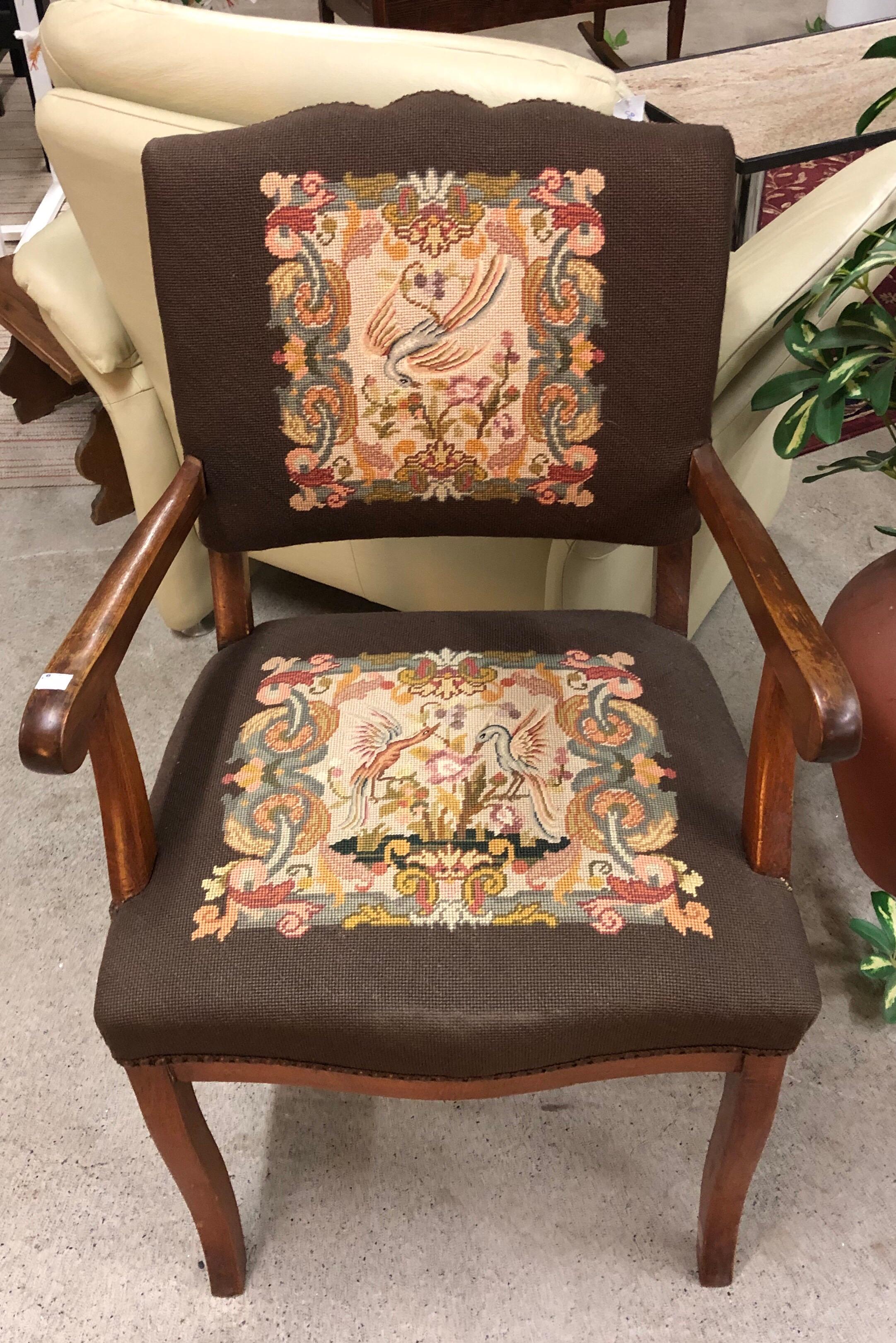 Beautiful brown rustic wood German armchair bird's romantic scene upholstery.