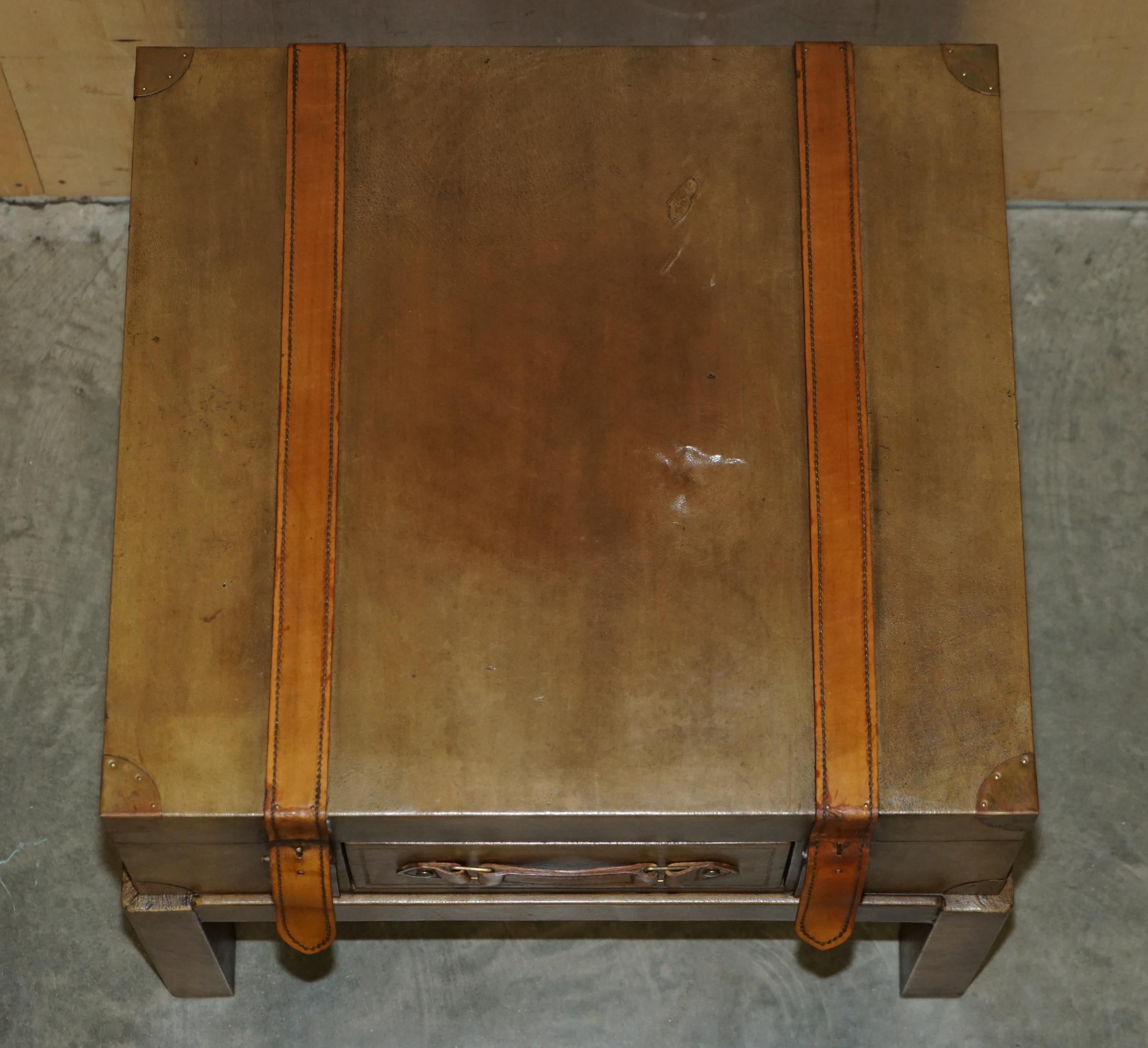 BROWN SADDLE LEATHER SUITCASE TRUNK SiNGLE DRAWER COFFEE TABLE NICE DECORATIVE For Sale 3