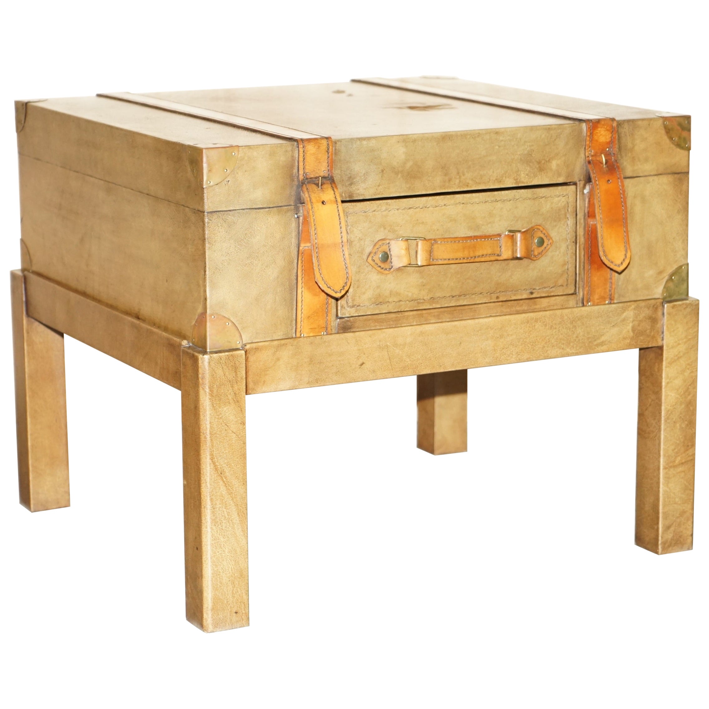BROWN SADDLE LEATHER SUITCASE TRUNK SiNGLE DRAWER COFFEE TABLE NICE DECORATIVE