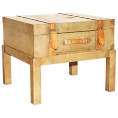 BROWN SADDLE LEATHER SUITCASE TRUNK SiNGLE DRAWER COFFEE TABLE NICE DECORATIVE