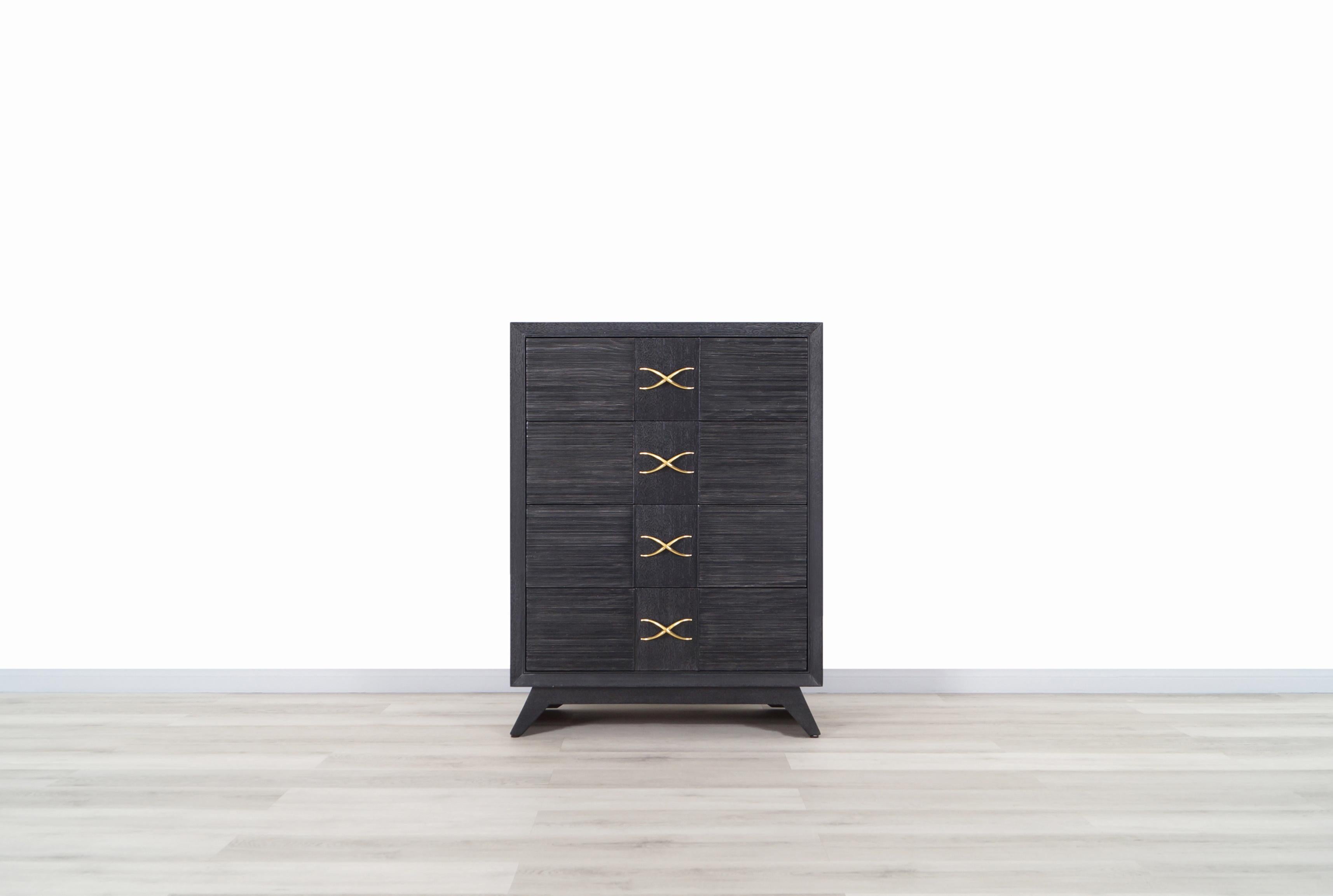 Mid-20th Century Vintage Cerused and Brass Chest of Drawers by Paul Frankl for Brown Saltman