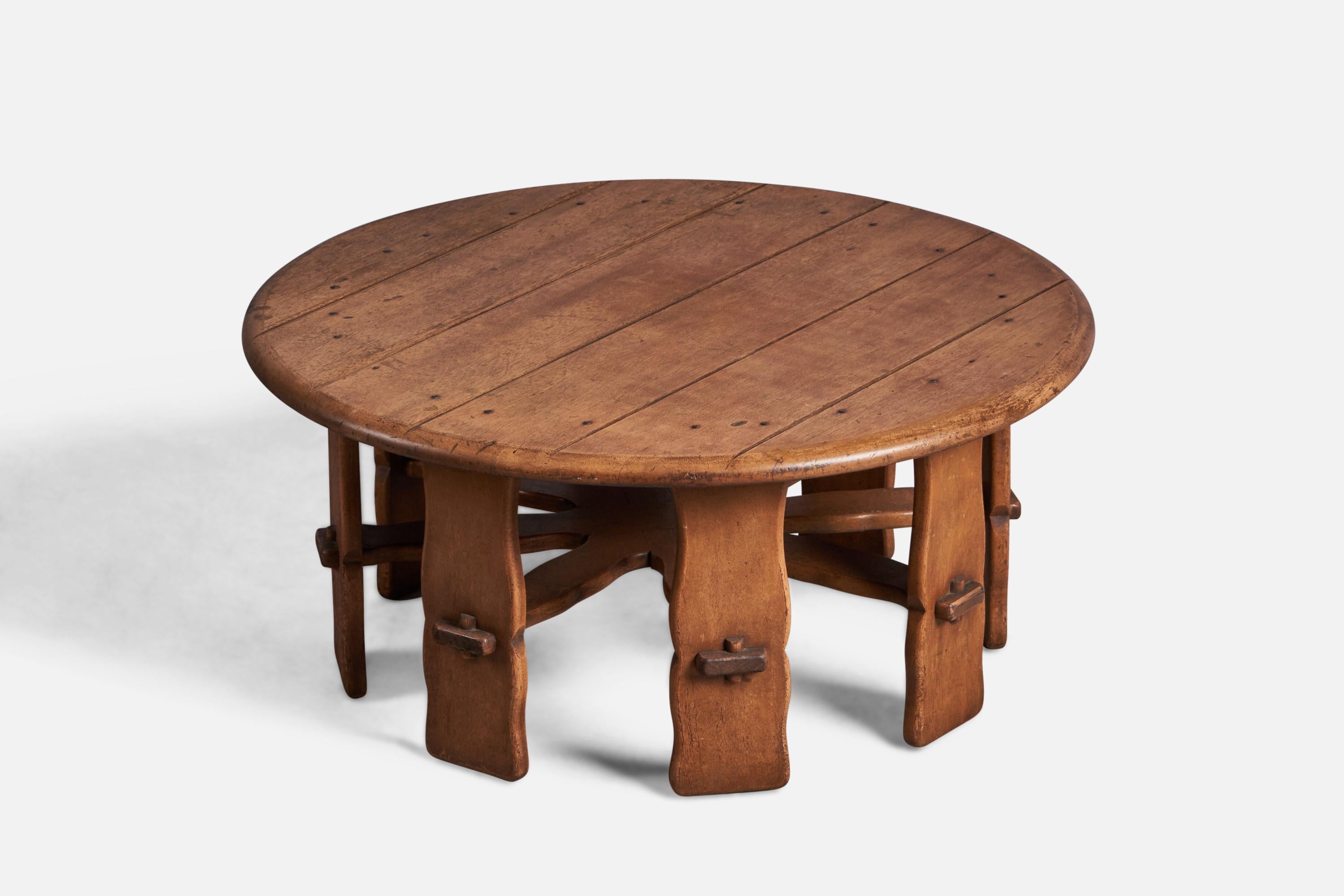 An oak coffee or cocktail table designed and produced by Brown Saltman, California, USA, 1940s.