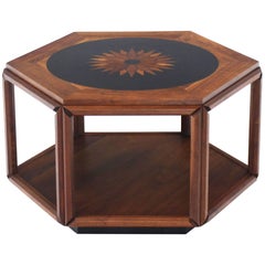 Brown Saltman Hexagonal End Coffee Table with Sunburst Inlay