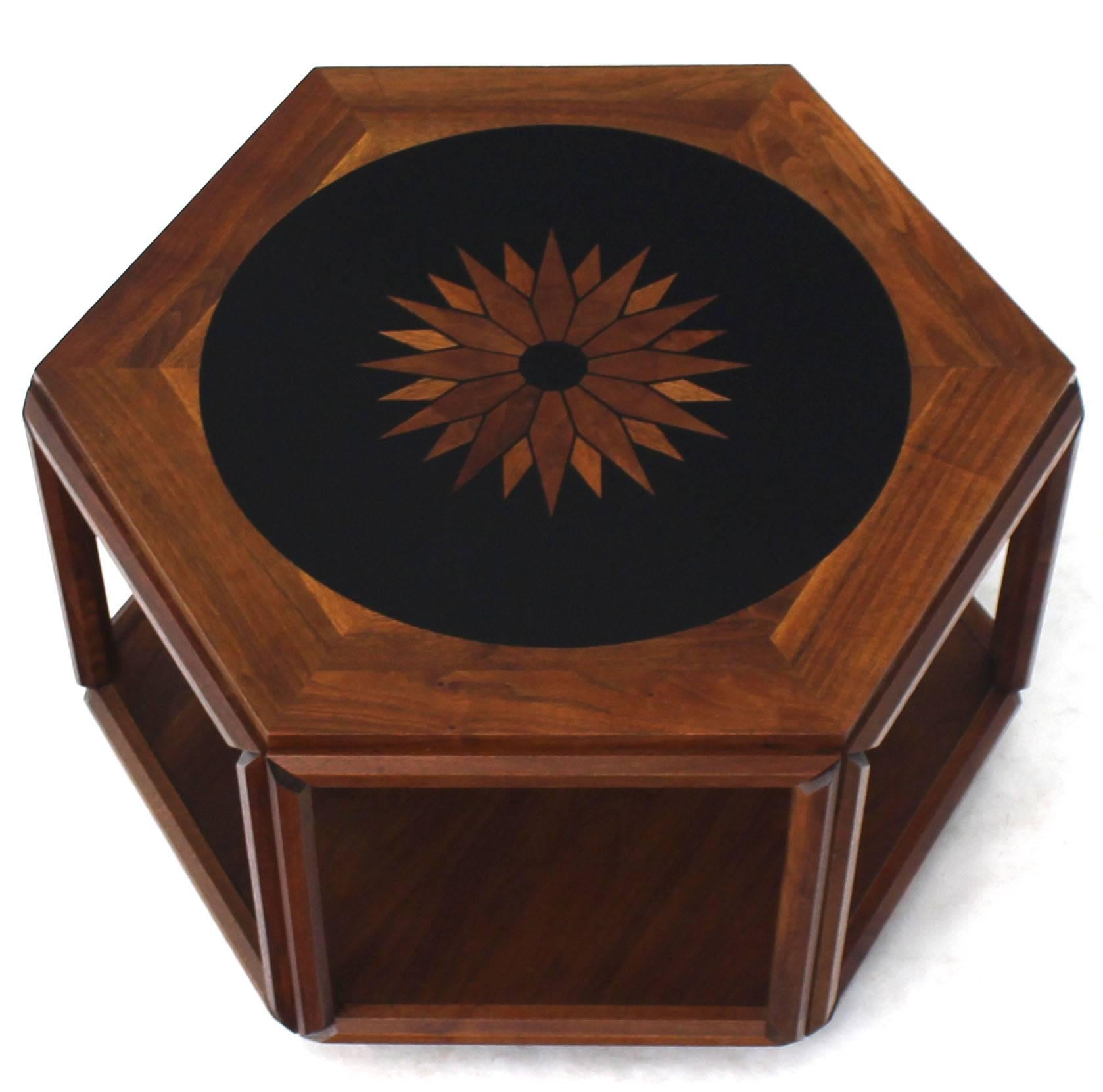 Mid-Century Modern Brown Saltman Hexagonal End Coffee Table with Sunburst Inlay For Sale