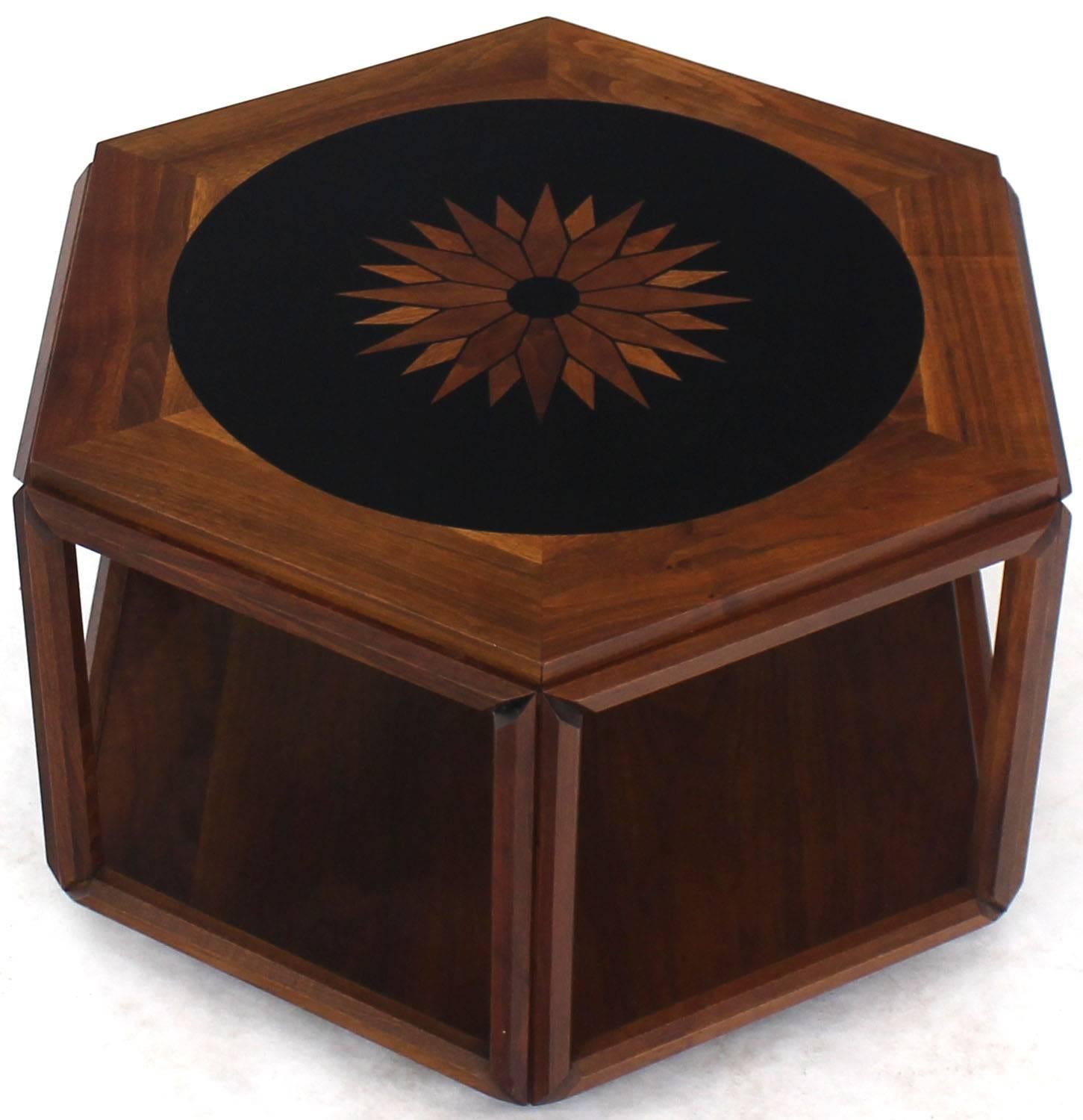 American Brown Saltman Hexagonal End Coffee Table with Sunburst Inlay For Sale